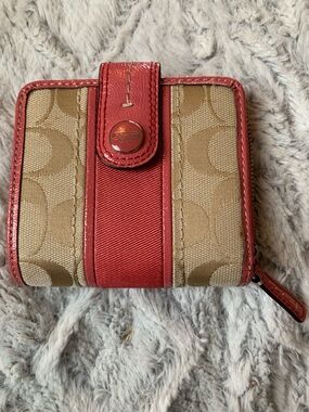 Coach Red Leather Small Wallet with Signature Logo Button